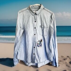 SO Chambray Blue Button Up Top XL w‎ Embellished Rainbow Lion-King And feathers
